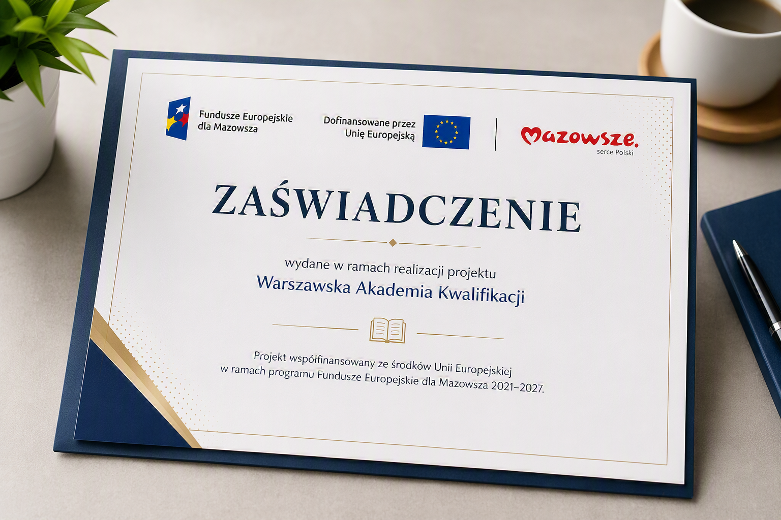 Na biurku znajduje się zaświadczenie projektu „Warszawska Akademia Kwalifikacji”. W górnej części dokumentu widoczne są logotypy Funduszy Europejskich dla Mazowsza, Unii Europejskiej oraz marki Mazowsze. Na środku znajduje się duży napis „ZAŚWIADCZENIE”. Dokument ma elegancką, biało-granatową szatę graficzną. W tle widoczne są elementy biurowe: długopis, notes, filiżanka oraz roślina doniczkowa.