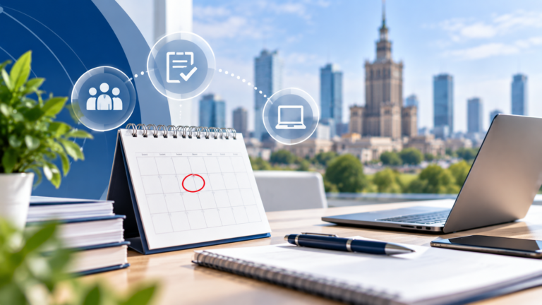 Kalendarz, laptop i symbole rekrutacji online na tle panoramy Warszawy, ilustrujące nabór do projektu